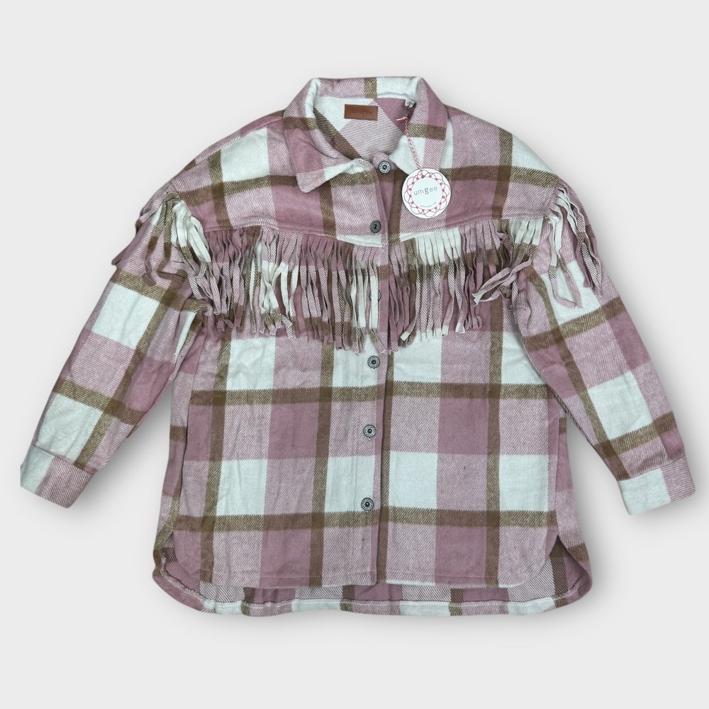 UMGEE Plaid Flannel Western Shirt Jacket Women's‎ Medium Pink Brown White Fringe